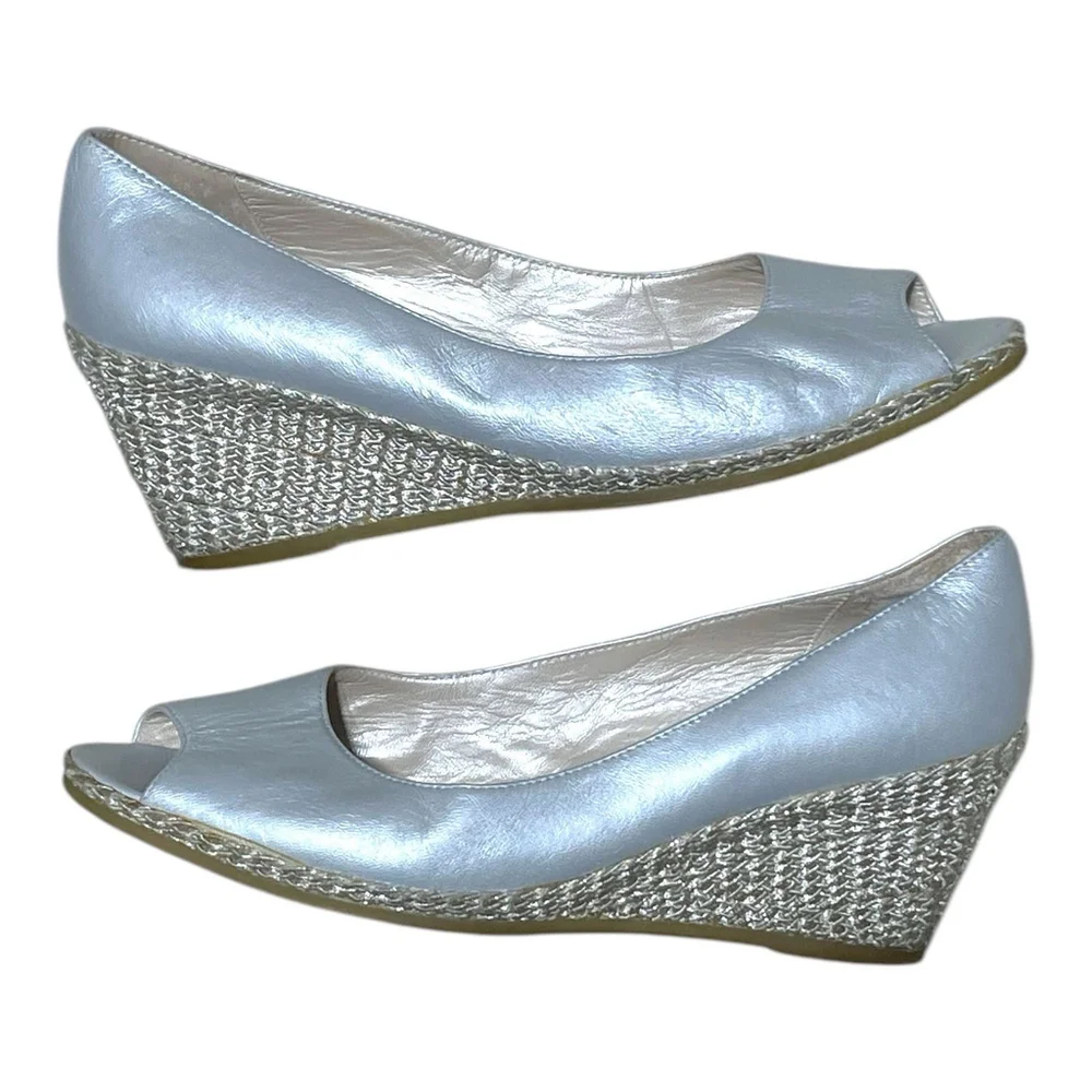 Bruno Magli Womens 6 36.5 Espadrille Wedge Open Toe Pearl Gray Made in Italy